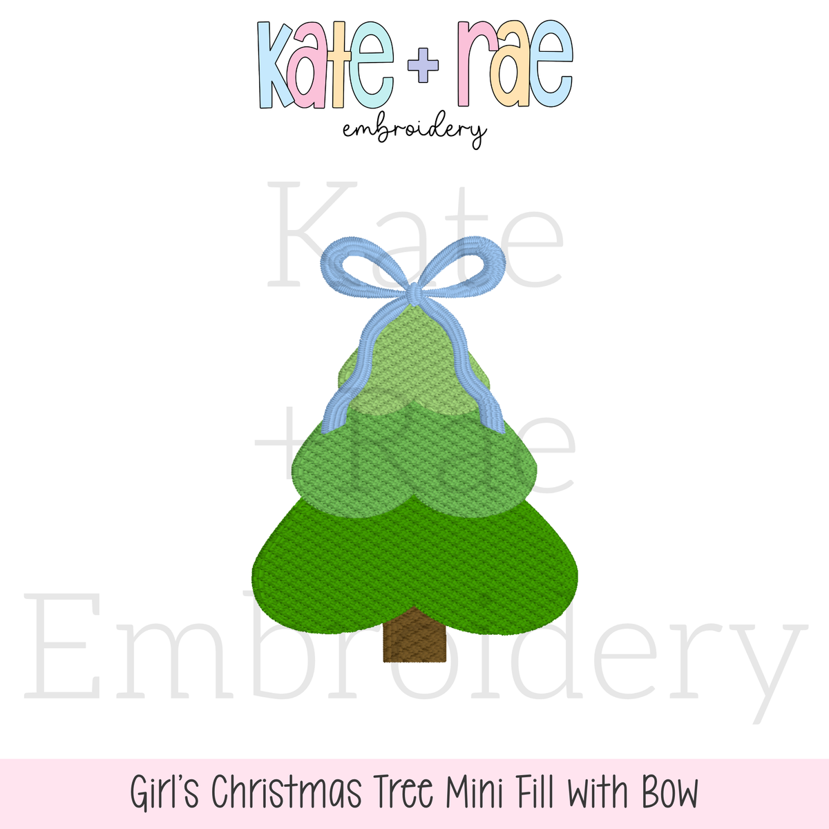 Girls Christmas Tree Textured Mini Fill Embroidery Design: Design preview of a green textured mini fill Christmas tree with a blue bow