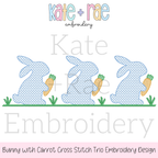 Boy's Easter Bunny with Carrots Trio Cross Stitch Embroidery Design: Design preview of three blue cross stitch bunnies holding carrots on grass