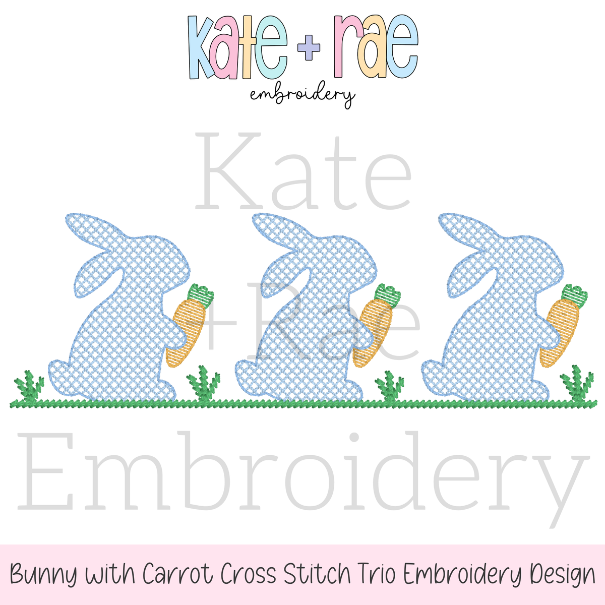 Boy's Easter Bunny with Carrots Trio Cross Stitch Embroidery Design: Design preview of three blue cross stitch bunnies holding carrots on grass