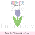 Spring Tulip Mini Fill Stitch Embroidery Design: Design preview of a small purple fill stitch tulip with green leaves
