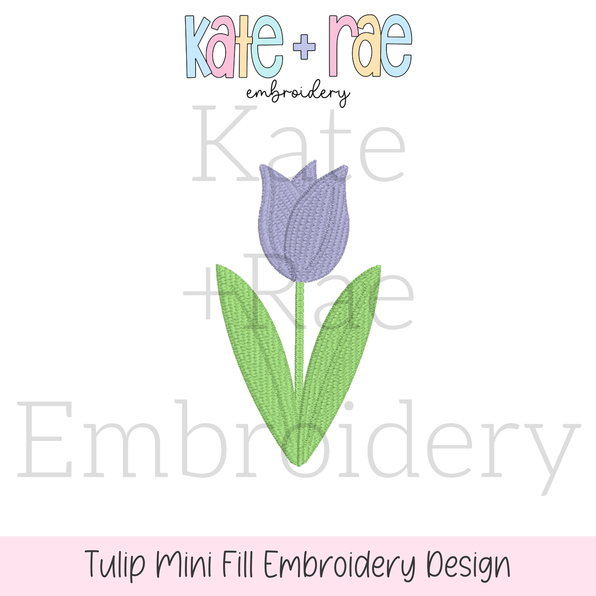 Spring Tulip Mini Fill Stitch Embroidery Design: Design preview of a small purple fill stitch tulip with green leaves