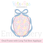 Oval Monogram Frame with Long Tail Bow Satin Applique Embroidery Design: Design preview of a pastel floral oval applique with a light blue long tail bow frame