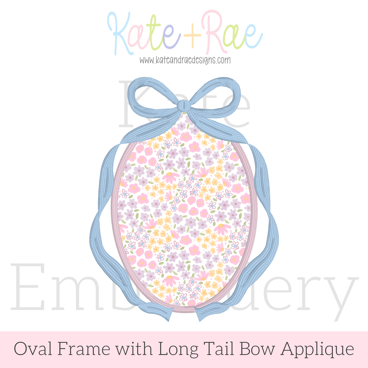 Oval Monogram Frame with Long Tail Bow Satin Applique Embroidery Design: Design preview of a pastel floral oval applique with a light blue long tail bow frame