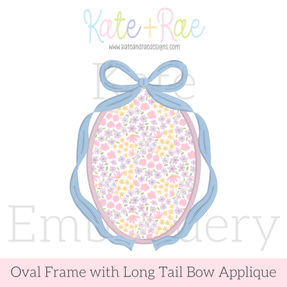 Oval Monogram Frame with Long Tail Bow Satin Stitch Applique