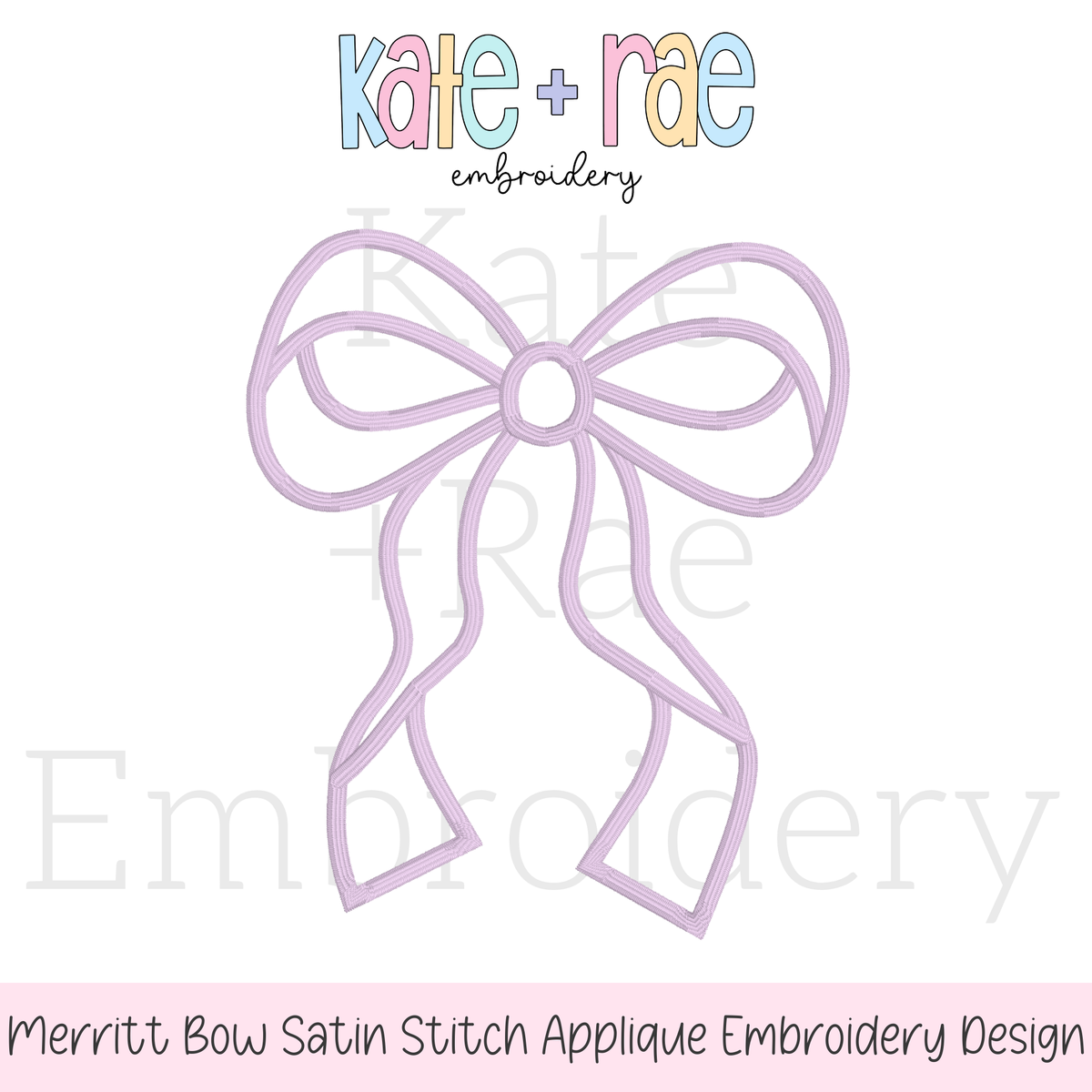 Merritt Bow Satin Stitch Applique Embroidery Design: Design preview of a lavender Merritt bow satin stitch outline with long tails