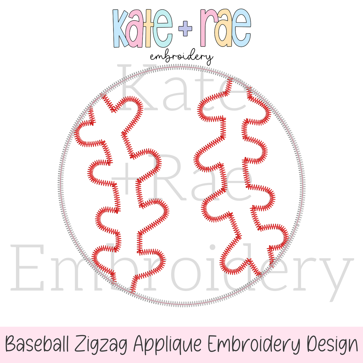 Baseball/Softball Zigzag Stitch Applique Embroidery Design: Design preview of a gray zigzag outline baseball with red stitching