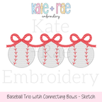 Baseball Trio with Connecting Bows Sketch Stitch Embroidery Design: Design preview of three sketch stitch baseballs linked by red bows