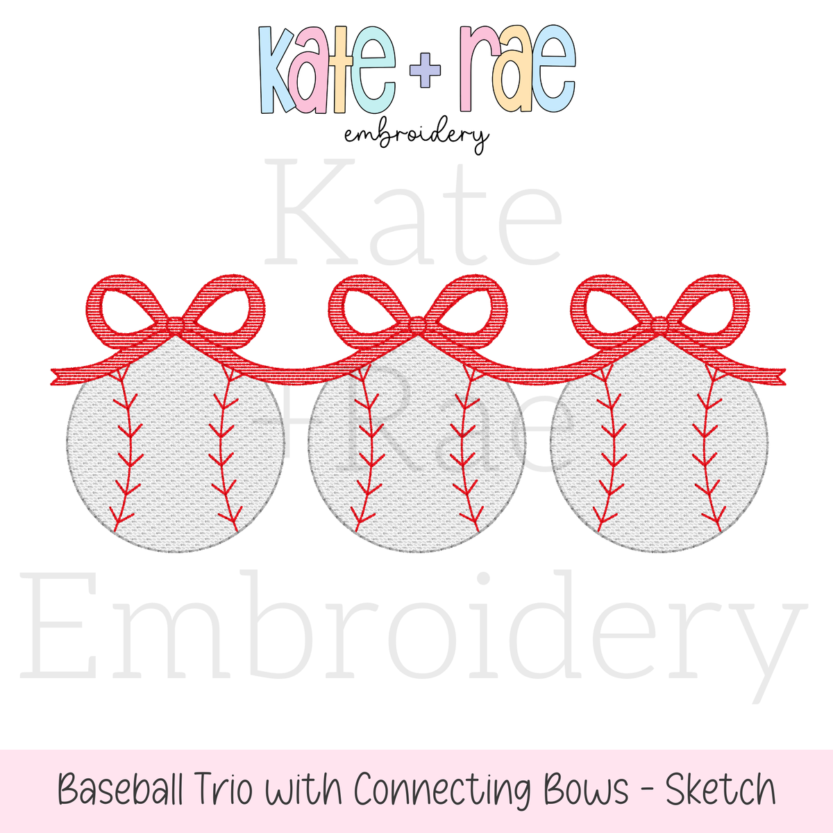 Baseball Trio with Connecting Bows Sketch Stitch Embroidery Design: Design preview of three sketch stitch baseballs linked by red bows
