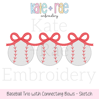 Baseball Trio with Connecting Bows Sketch Stitch Embroidery Design