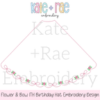 Floral & Bow ITH Birthday Party Hat Embroidery Design: Design preview of an in the hoop birthday party hat with a pink floral and bow scalloped border