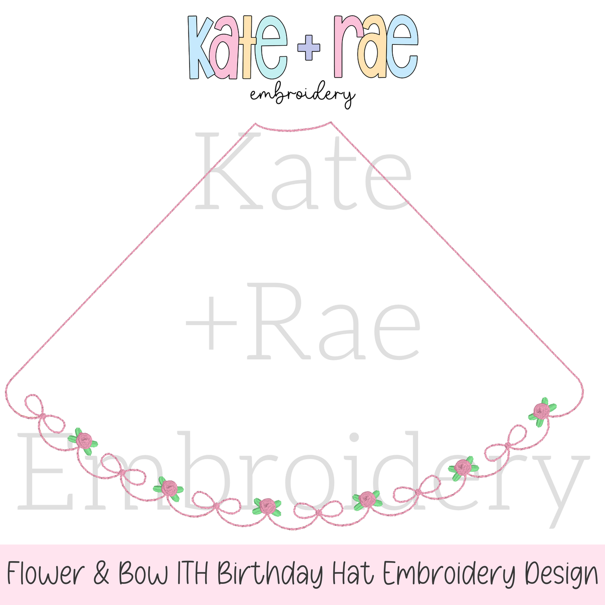 Floral & Bow ITH Birthday Party Hat Embroidery Design: Design preview of an in the hoop birthday party hat with a pink floral and bow scalloped border