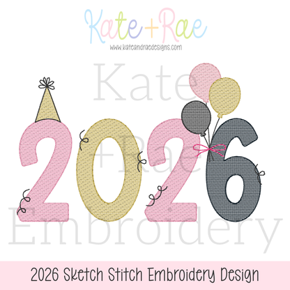 2026 New Year's Sketch Stitch Embroidery Design