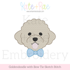 Goldendoodle Dog with Bow Tie Sketch Stitch Embroidery Design: Design preview of a tan sketch stitch goldendoodle face with a blue bow tie