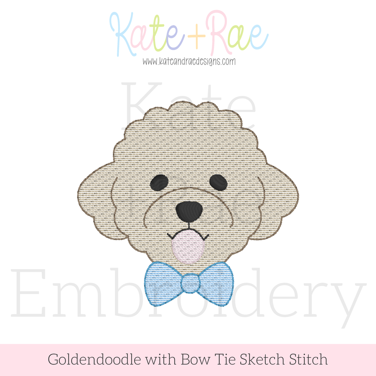 Goldendoodle Dog with Bow Tie Sketch Stitch Embroidery Design: Design preview of a tan sketch stitch goldendoodle face with a blue bow tie