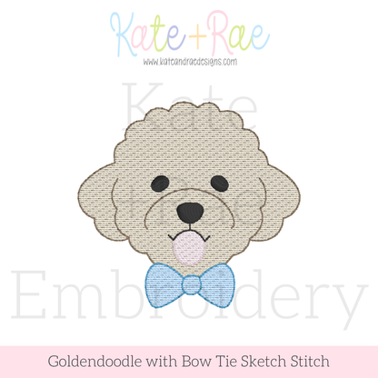 Goldendoodle Dog with Bow Tie Sketch Stitch Embroidery Design