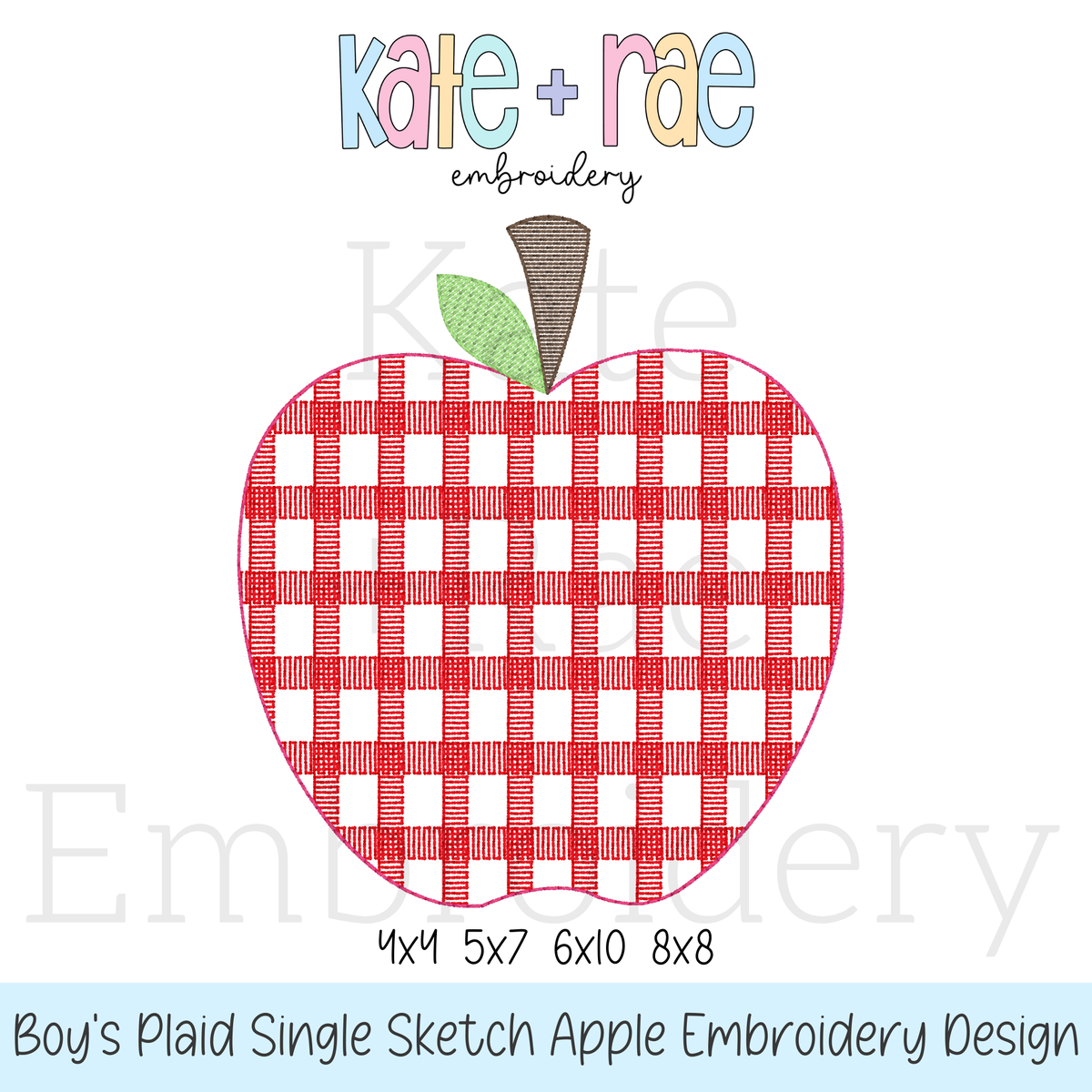 Boy's Single Plaid Apple Filled Embroidery Design: Design preview of a red plaid sketch stitch apple, available in 4x4, 5x7, 6x10, and 8x8