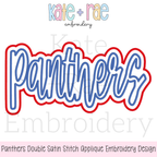 Panthers Script Double Satin Stitch Applique Embroidery Design: Design preview of Panthers in blue script with a red double satin applique outline