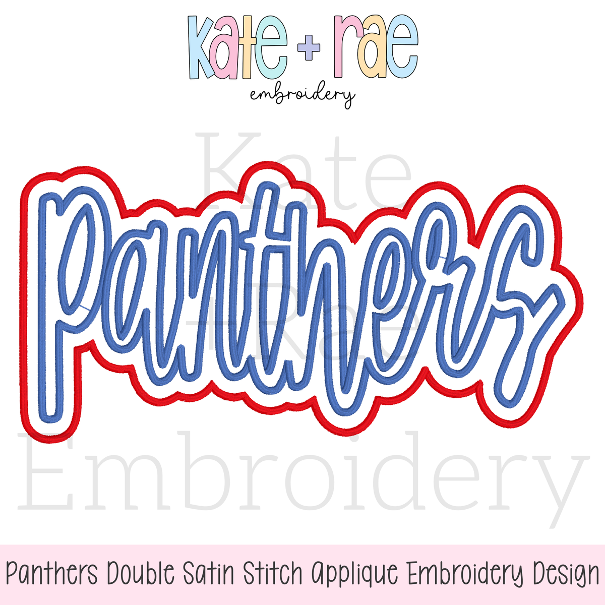 Panthers Script Double Satin Stitch Applique Embroidery Design: Design preview of Panthers in blue script with a red double satin applique outline
