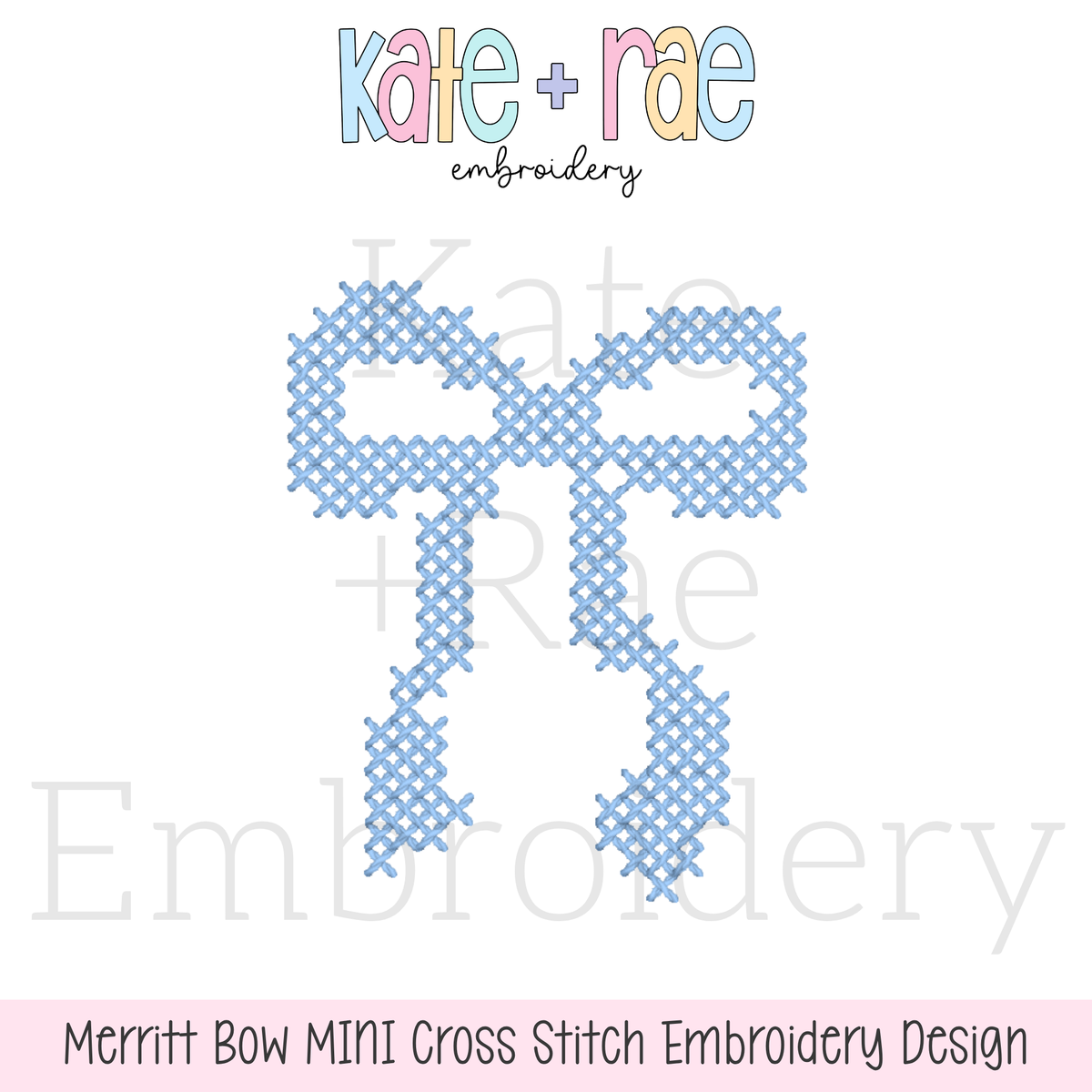 Merritt Bow MINI Cross Stitch Embroidery Design: Design preview of a light blue mini Merritt bow in cross stitch