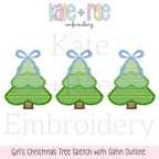 Girls Sketch Stitch Christmas Tree Trio with Satin Stitch Outline Embroidery Design: Design preview of three green sketch stitch Christmas trees with satin outlines and blue bows