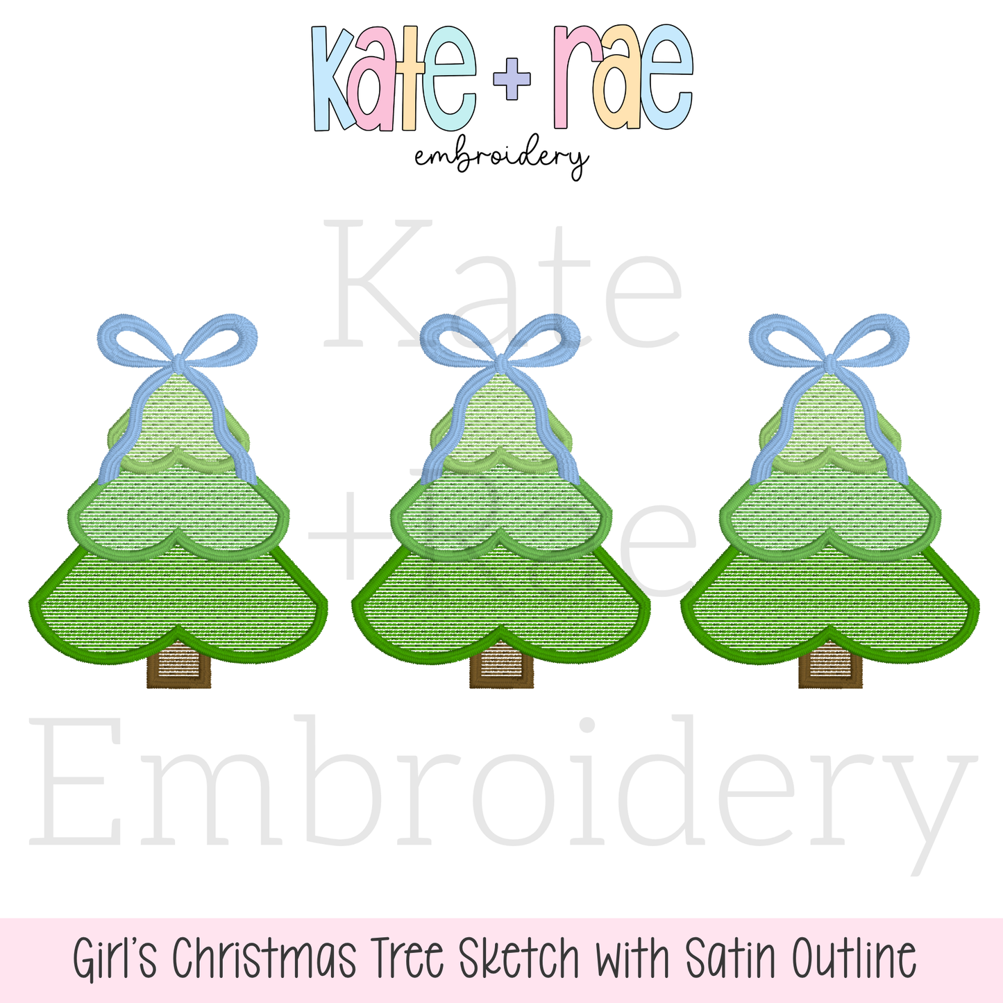 Girls Sketch Stitch Christmas Tree Trio with Satin Stitch Outline Embroidery Design