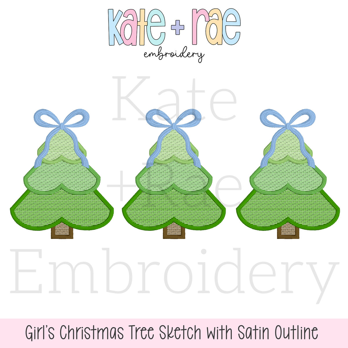 Girls Sketch Stitch Christmas Tree Trio with Satin Stitch Outline Embroidery Design: Design preview of three green sketch stitch Christmas trees with satin outlines and blue bows