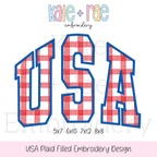 USA Plaid Filled Embroidery Design: Design preview of the word USA in red gingham collegiate letters with a blue outline, available in 5x7, 6x10, 7x12, and 8x8