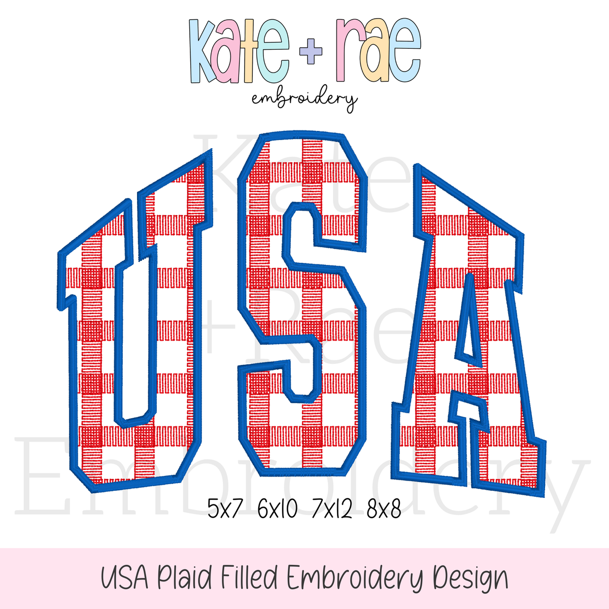 USA Plaid Filled Embroidery Design: Design preview of the word USA in red gingham collegiate letters with a blue outline, available in 5x7, 6x10, 7x12, and 8x8