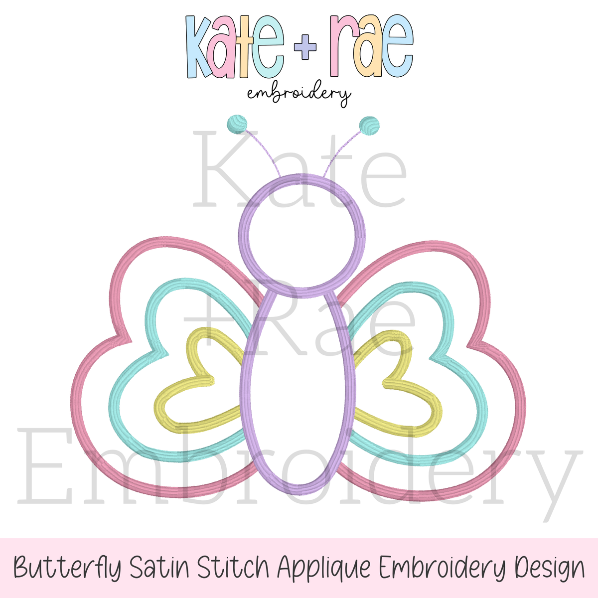 Butterfly Satin Stitch Applique Embroidery Design: Design preview of a pastel satin stitch applique butterfly outline