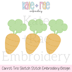 Easter Carrot Trio Sketch Stitch Embroidery Design: Design preview of three orange sketch stitch carrots with green tops