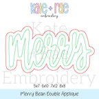 Merry Double Bean Stitch Applique Embroidery Design: Design preview of the word Merry in mint script with a red bean stitch double outline, available in 5x7, 6x10, 7x12, and 8x8