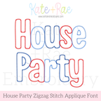 House Party Zigzag Applique Machine Embroidery Font: Font preview reading House Party in red and blue applique outline letters