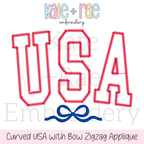 Curved USA with Bow Zigzag Stitch Applique Embroidery Design: Design preview of USA in red zigzag applique letters with a navy bow