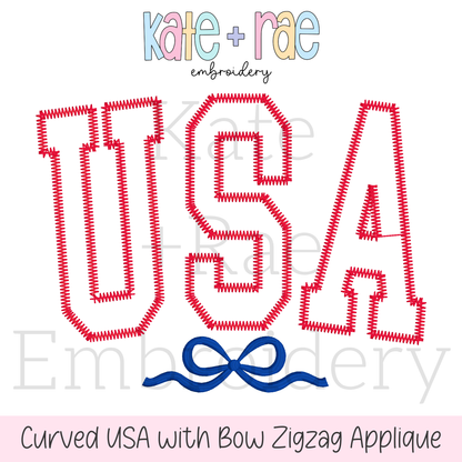 Curved USA with Bow Zigzag Stitch Applique Embroidery Design