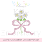 Daisy Floral Bow Mini Satin Stitch Embroidery Design: Design preview of a white daisy bouquet tied with a long pink satin bow