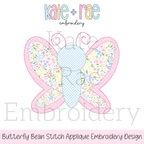 Butterfly Bean Stitch Applique Embroidery Design: Design preview of a butterfly with pink and floral print wings and a light blue body