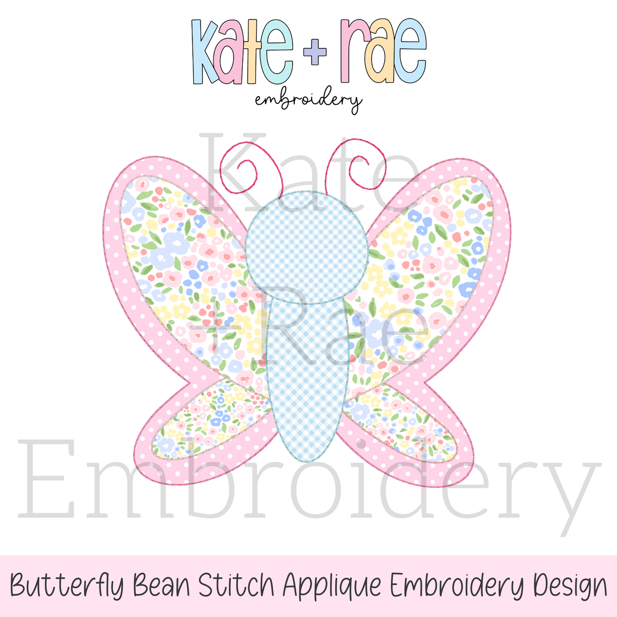 Butterfly Bean Stitch Applique Embroidery Design: Design preview of a butterfly with pink and floral print wings and a light blue body