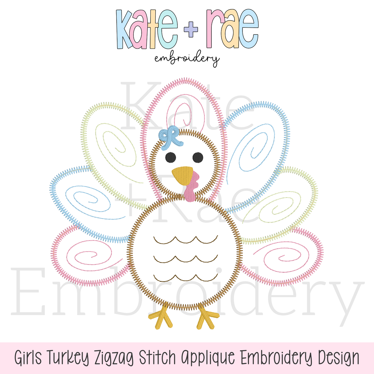 Girl's Thanksgiving Turkey Zigzag Applique Machine Embroidery Design