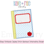 Boy's Back to School Notebook Zigzag Applique Embroidery Design: Design preview of a blue gingham zigzag applique notebook with a red label and apple
