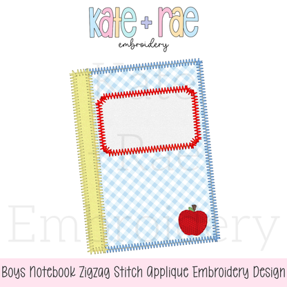 Boy's Back to School Notebook Zigzag Applique Embroidery Design