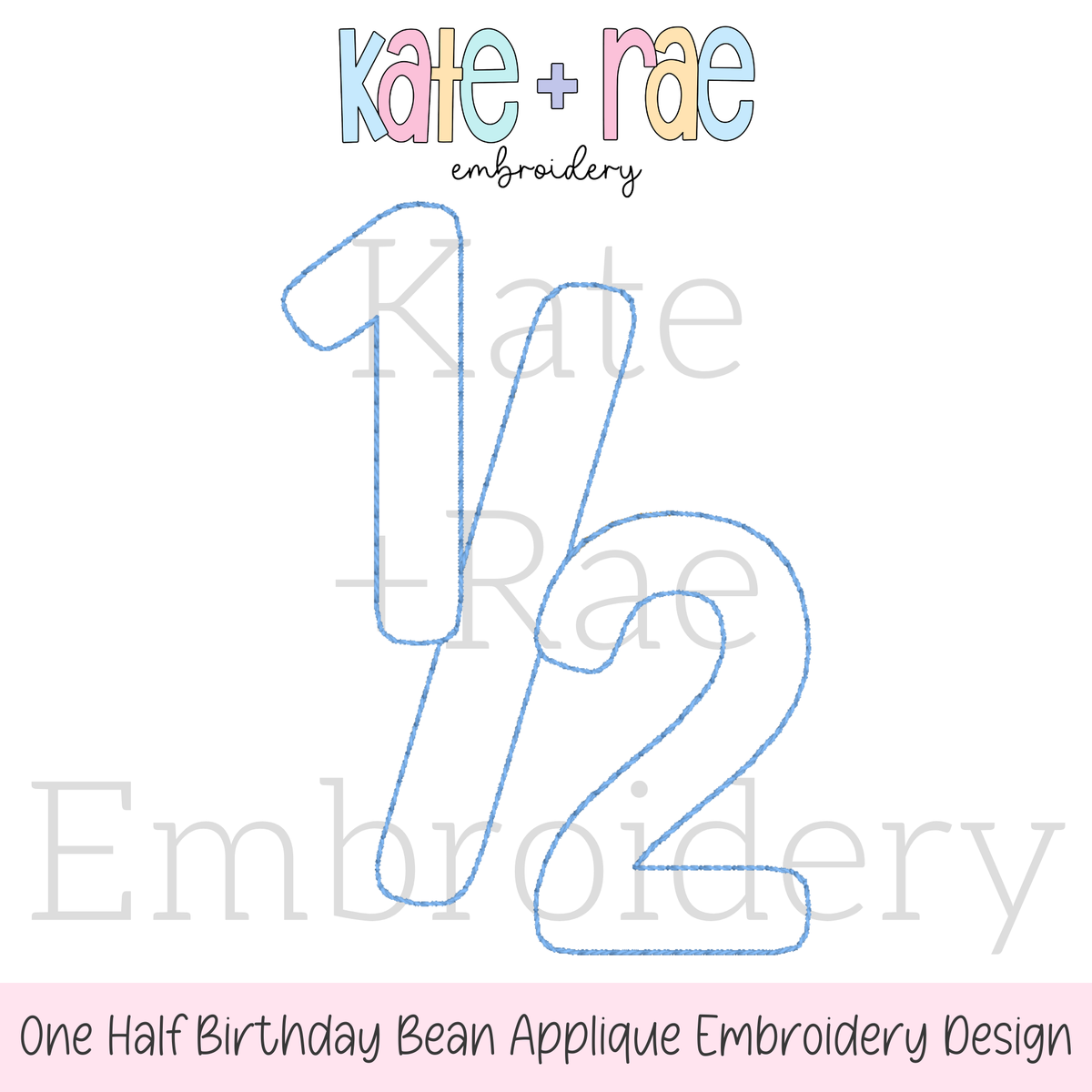 One Half Birthday Bean Stitch Applique Embroidery Design: Design preview of a blue one half bean stitch applique outline