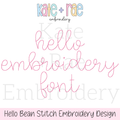 Hello Bean Stitch Embroidery Font: Font preview reading hello embroidery font in thin pink bean stitch script