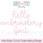 Hello Bean Stitch Embroidery Font: Font preview reading hello embroidery font in thin pink bean stitch script