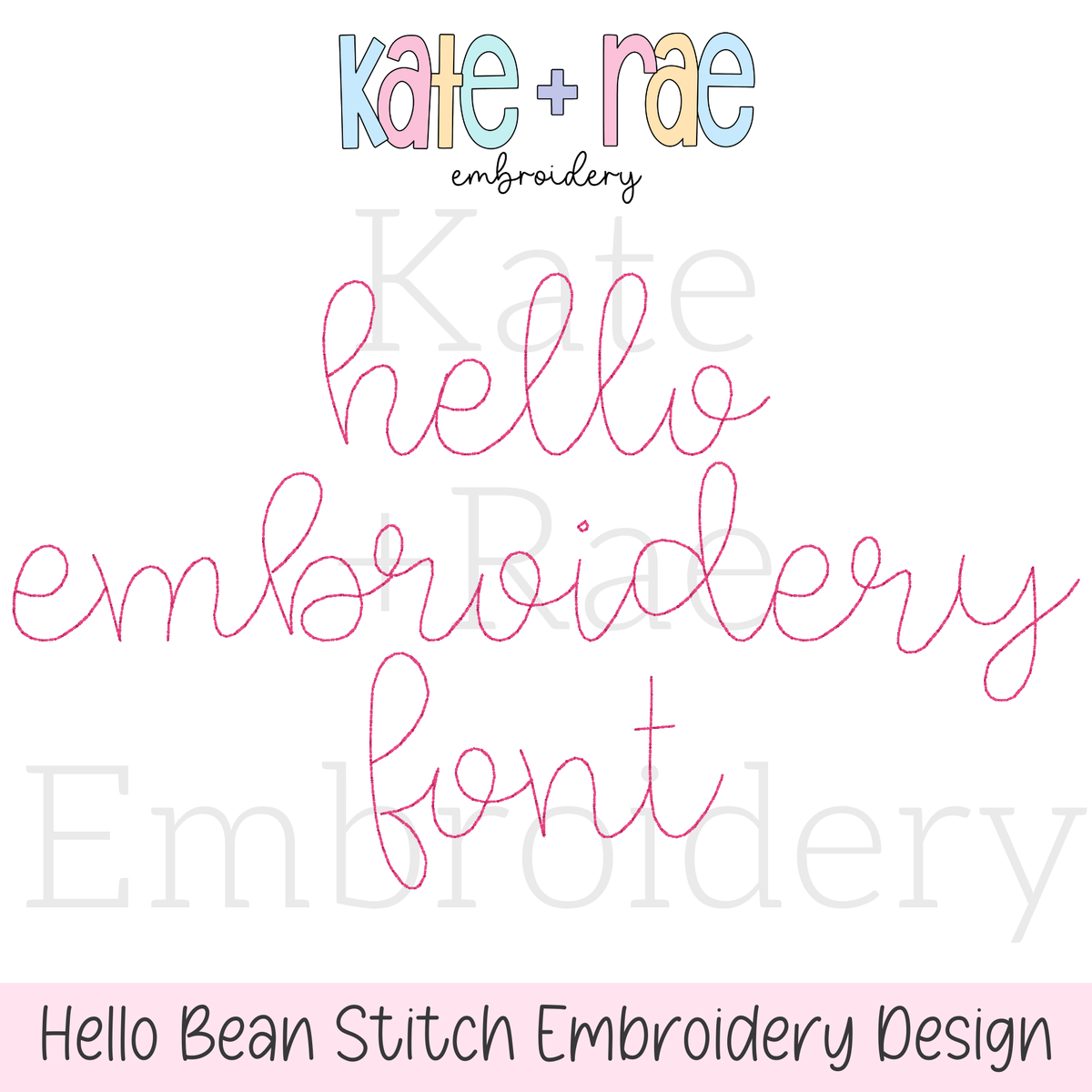 Hello Bean Stitch Embroidery Font: Font preview reading hello embroidery font in thin pink bean stitch script