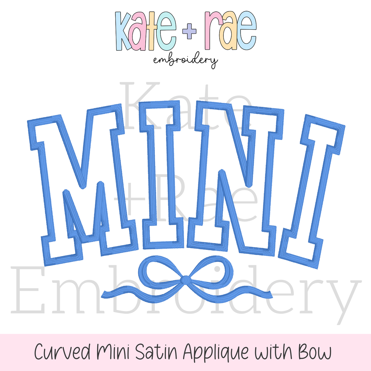 Curved Mini Satin Stitch Applique with Bow Embroidery Design: Design preview of the word MINI in curved blue collegiate letters with a blue bow underneath