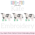 Valentine's Day Cow Trio with Hearts Sketch Stitch Embroidery Design: Design preview of three sketch stitch cows with heart shaped spots in grass