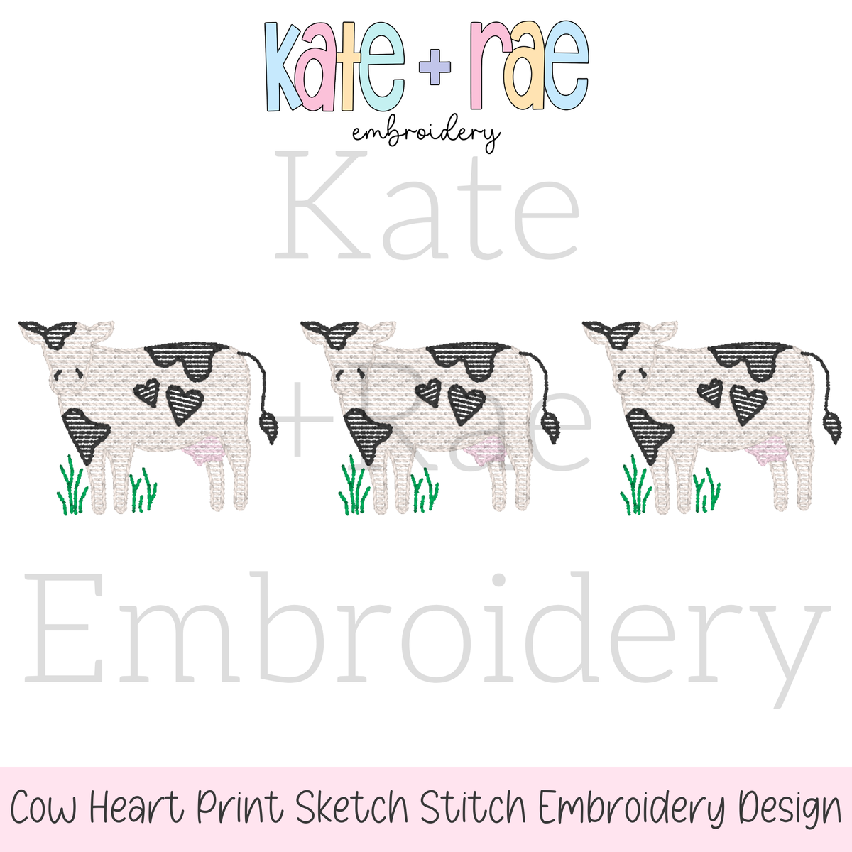 Valentine's Day Cow Trio with Hearts Sketch Stitch Embroidery Design: Design preview of three sketch stitch cows with heart shaped spots in grass