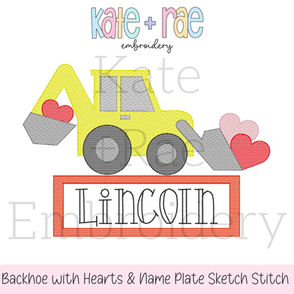 Backhoe Valentine's Day Sketch Embroidery Design with Name Plate