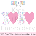XOXO Bean Stitch Applique Embroidery Design: Design preview of the letters XOXO with pastel polka dot X letters and pink heart O letters
