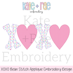 XOXO Bean Stitch Applique Embroidery Design: Design preview of the letters XOXO with pastel polka dot X letters and pink heart O letters